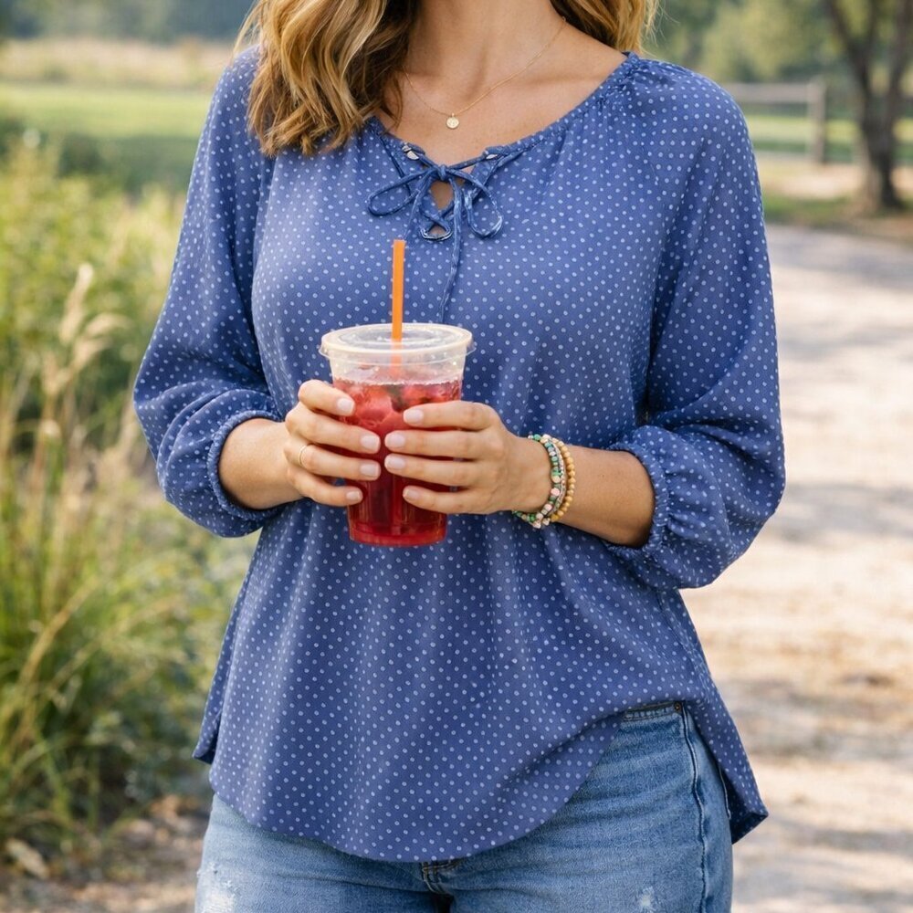 Fred David Blue & White Polka Dot Rayon Tie-Front 3/4 Sleeve Blouse Size M